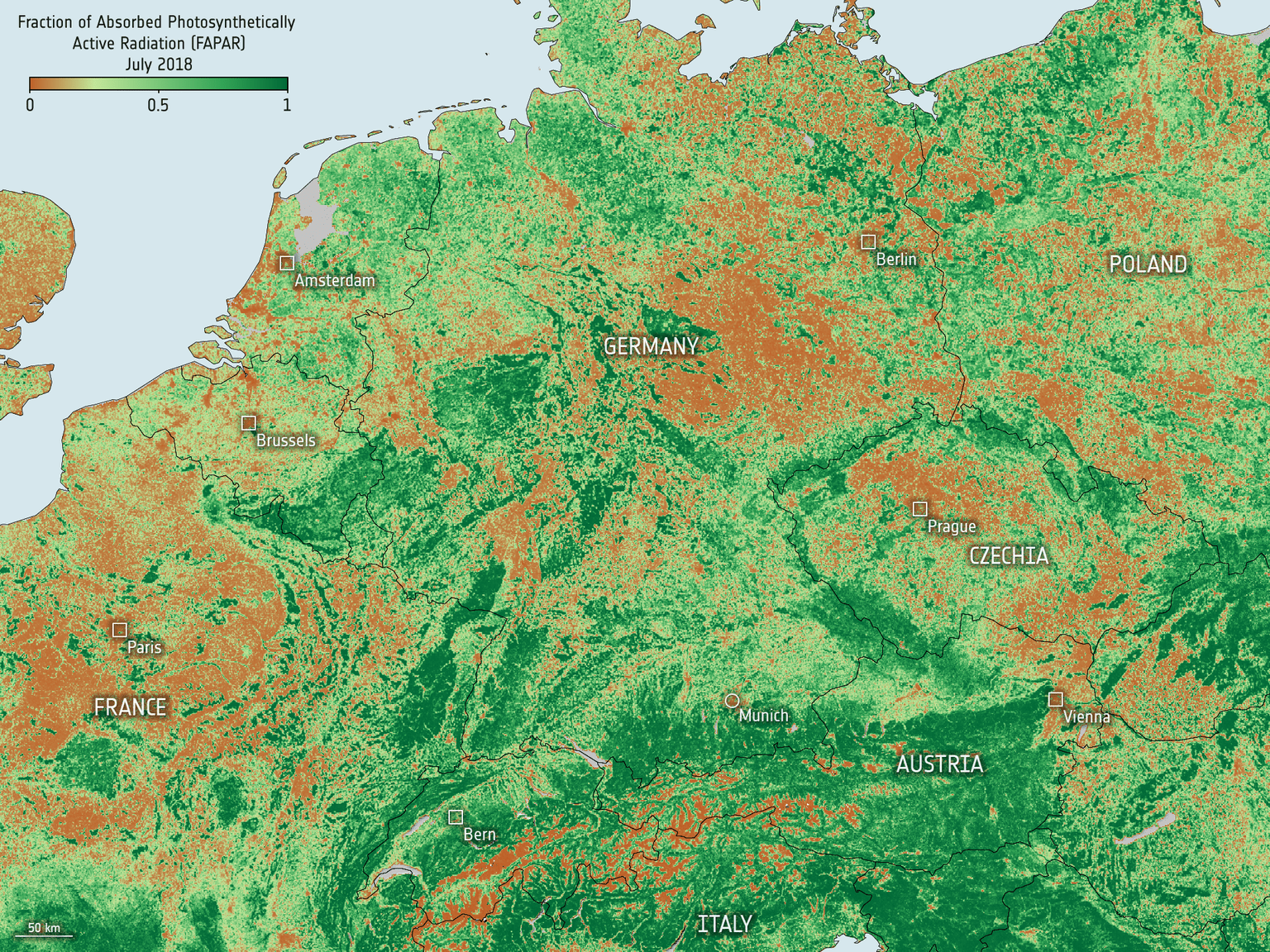 FAPAR in western Europe July 2018