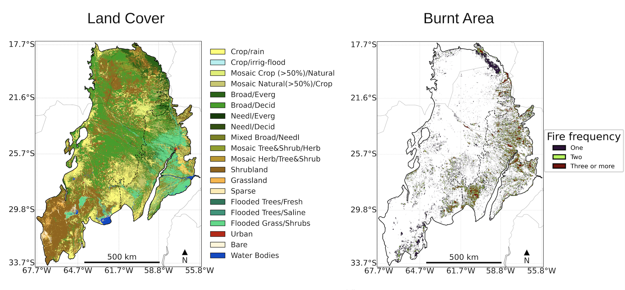 LandCoverCCI map for 2019 over the South American Chaco (left); FireCCI51 map showing the total number of fire detections between 2001 and 2019 over the Chaco (right).